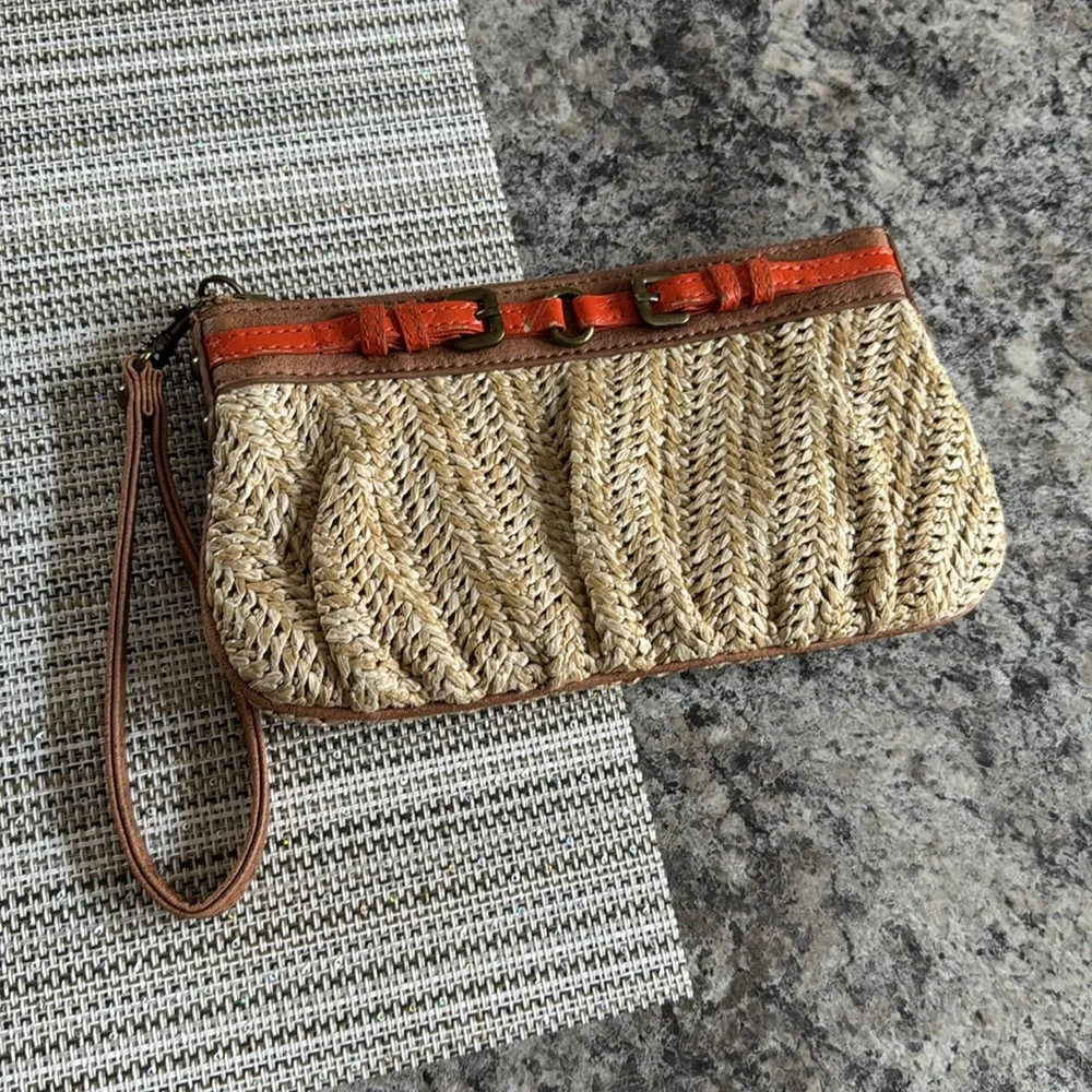 Express Women’s Woven Straw Wrislet Orange Brown Buckle Detail Summer Clutch